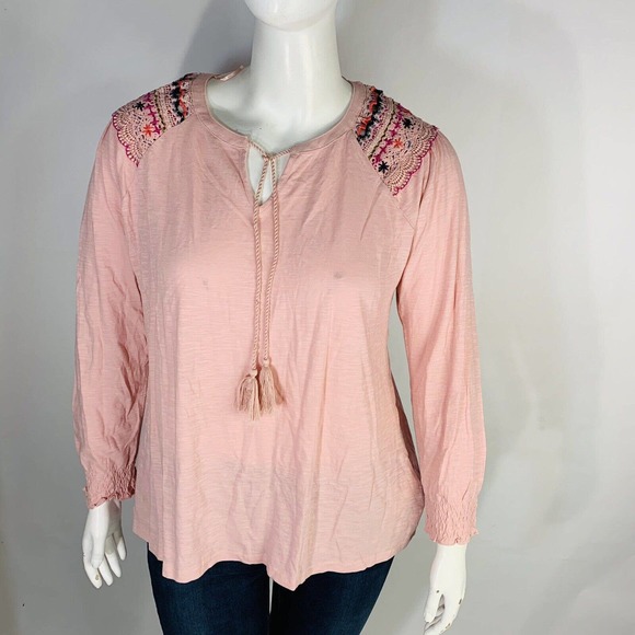 New Style & Co Plus Size 1X Cotton Lace-Trim Peasant Top Hibiscus Pink NWT - Picture 2 of 8
